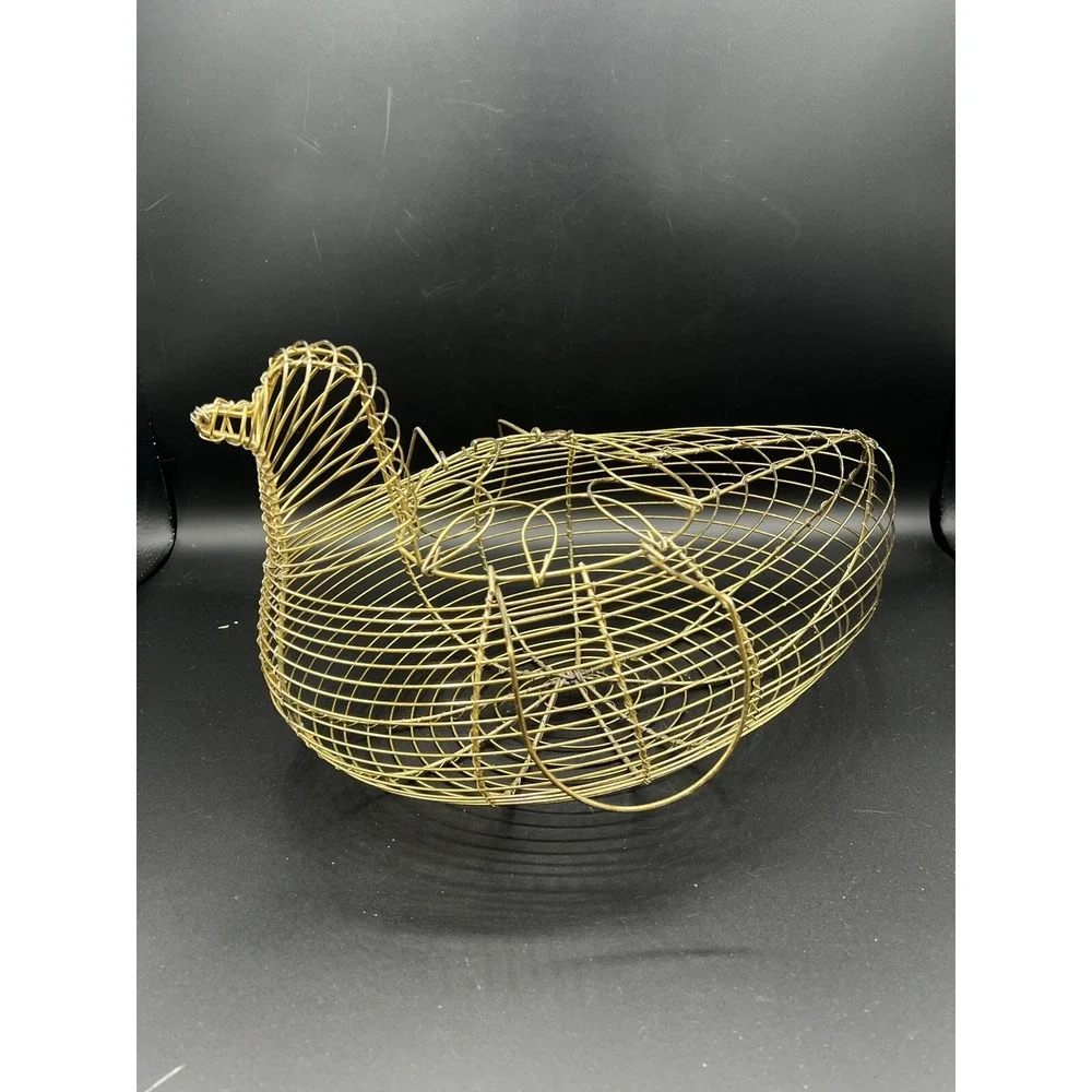 VTG Bird Duck Chicken Shaped Gold Wire Egg Collection Basket Wing Handles
